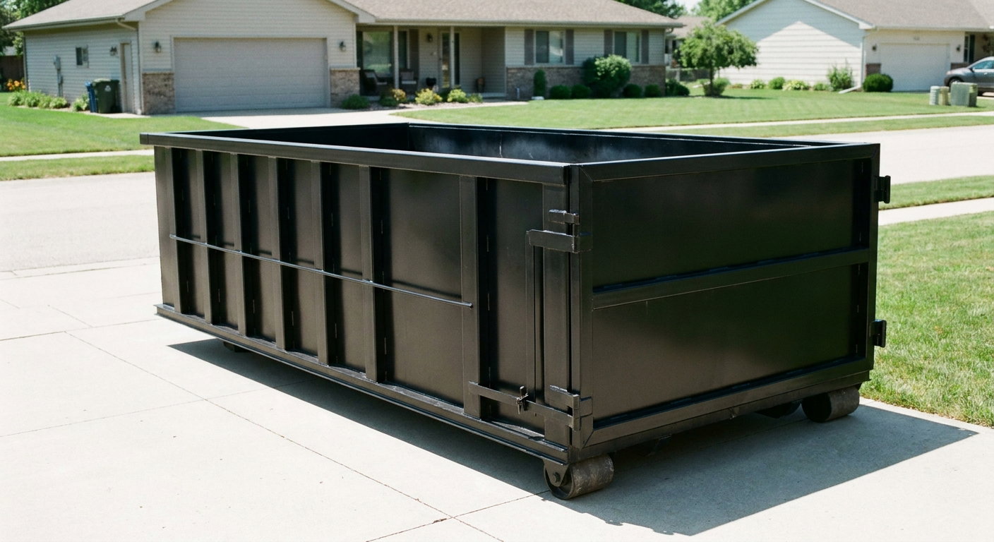 Matte-black 10-yard roll-off dumpster on a residential concrete driveway in Encinitas, uniformly painted matte black across every panel and rail, ribbed steel sidewalls and rear swing door visible, mid-day daylight.