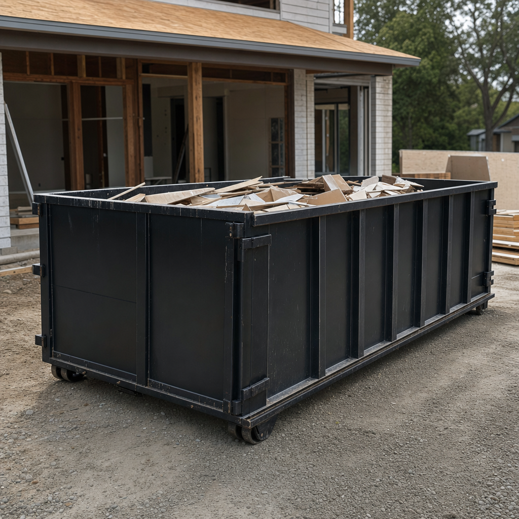 Large matte-black 30-yard construction roll-off dumpster at an active Encinitas jobsite, steel-gray top rails and bottom rollers visible, loaded with construction debris.