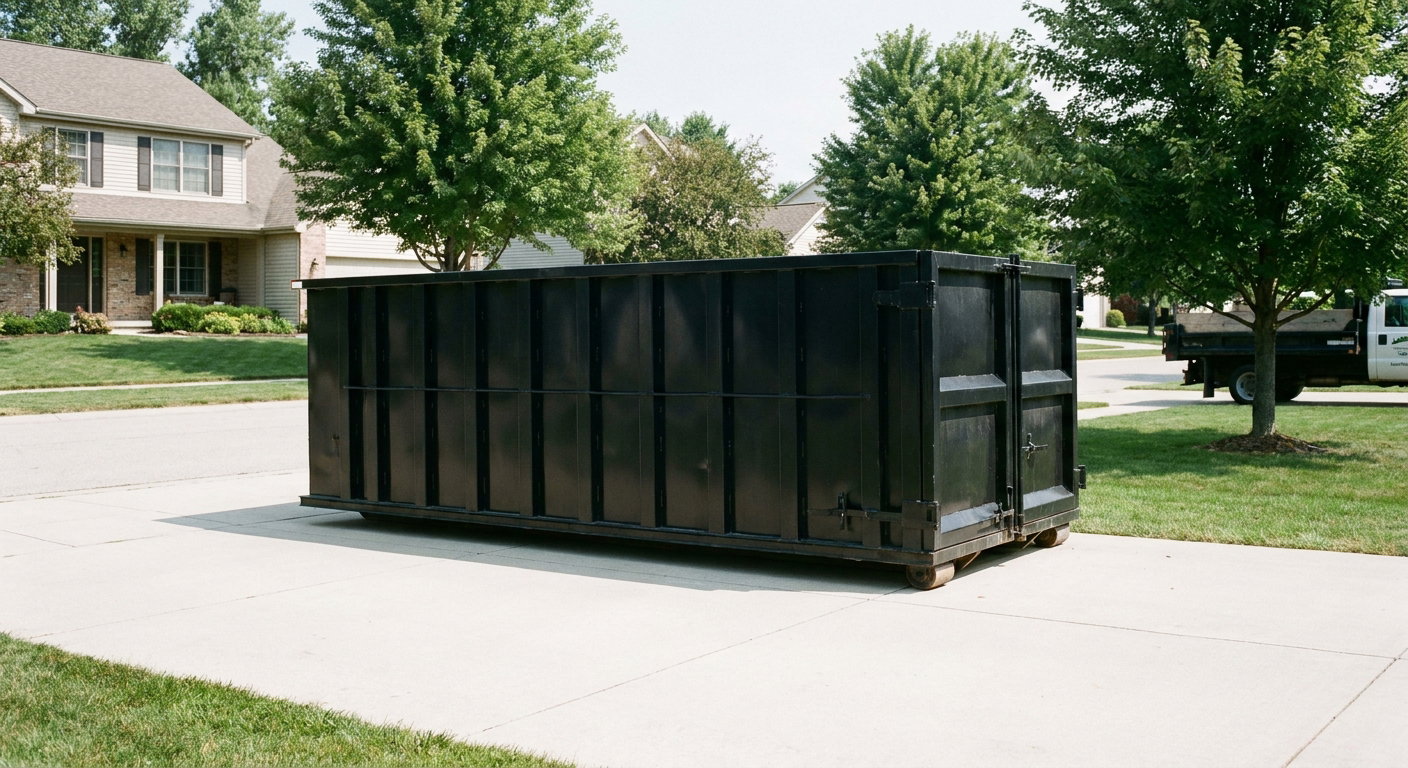 Matte-black 20-yard roll-off dumpster sitting level on a clean Encinitas residential concrete driveway under bright daylight, demonstrating clean placement directly on the concrete.