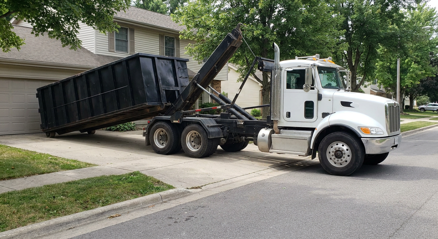 White-cab hooklift roll-off truck actively lowering a matte-black dumpster onto a Encinitas residential concrete driveway, the dumpster's rear wheels touching the driveway as the hoist arm tilts the bed forward, mid-morning daylight.