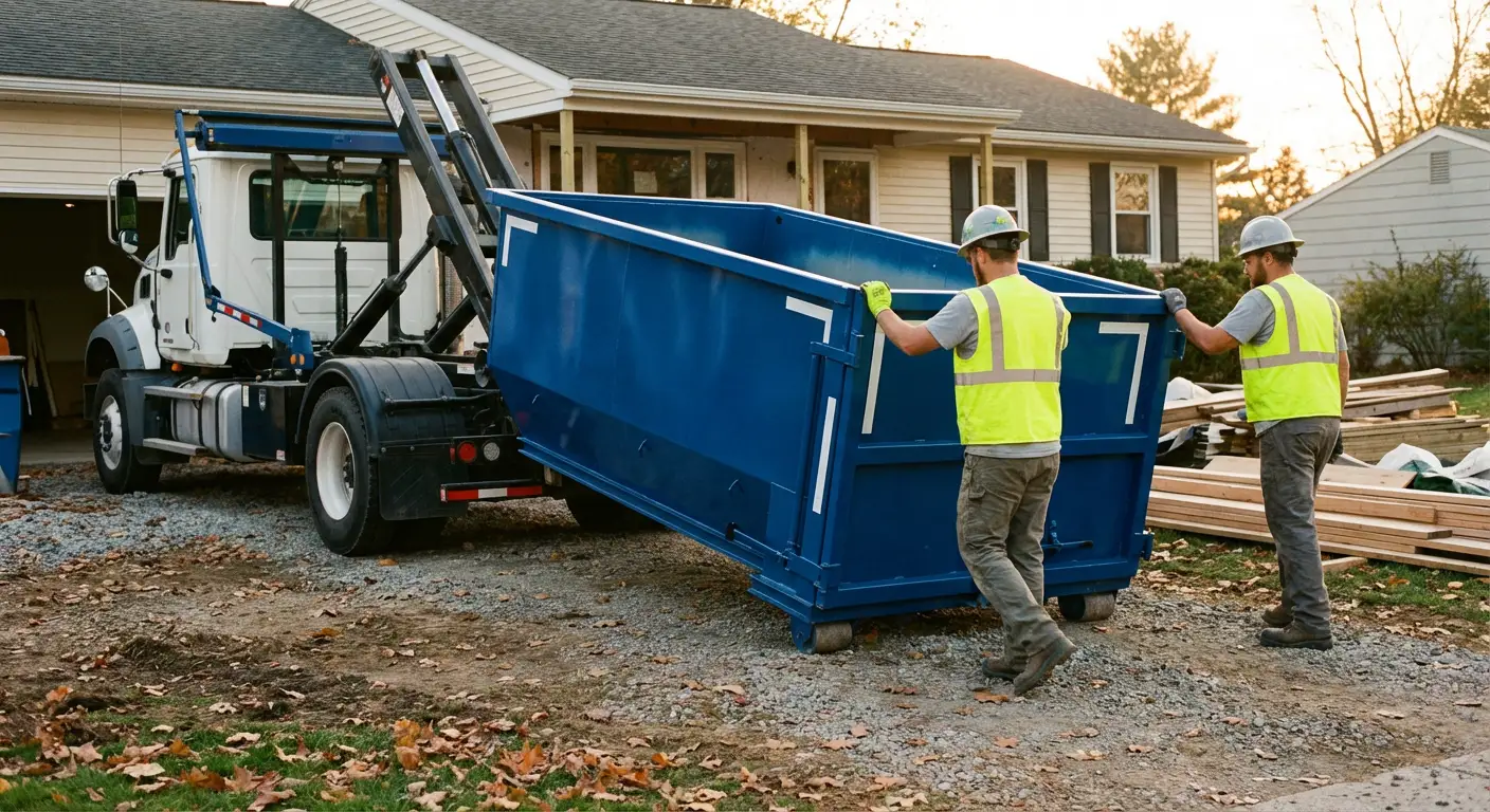 Construction dumpster delivery truck in action in Encinitas, CA