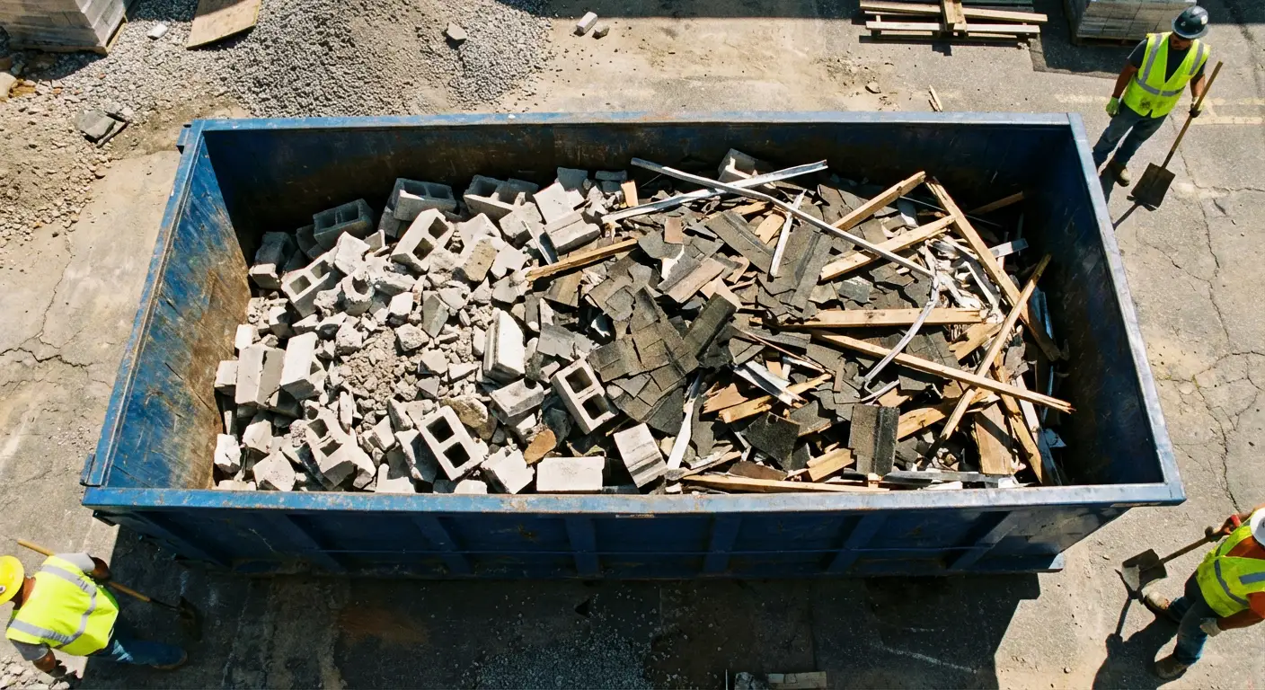 Roll-off dumpster loaded with construction debris in Encinitas, CA