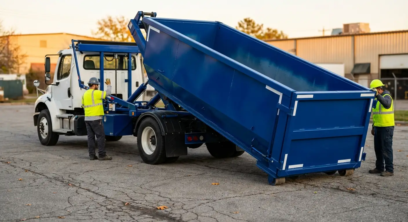 Roll-off dumpster rental truck protecting driveway surfaces in Encinitas, CA